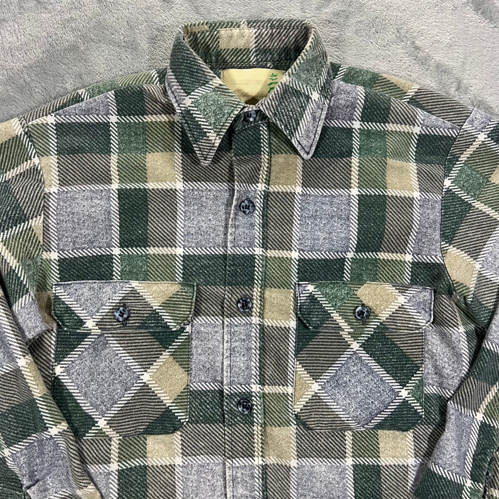 Vintage‎ Fieldmaster Flannel Shirt Mens Small Green Plaid Perma-Prest Sears